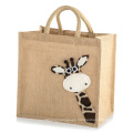 Black Jute Handle Penguin Printed Recycle Hemp Lightweight Jute Tote Bag for Grocery